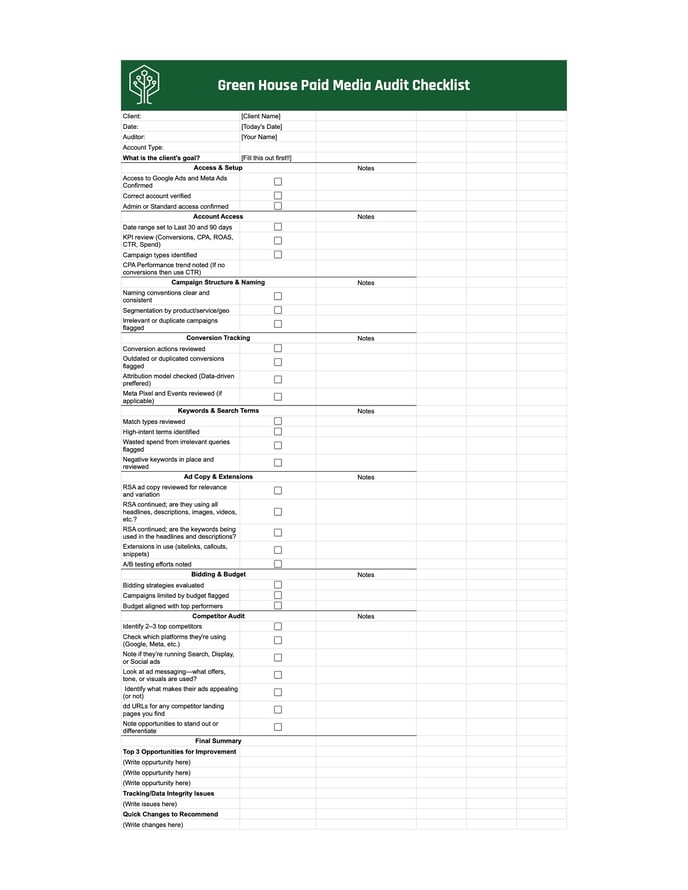 Paid Media Audit Checklist Template - Audit Checklist